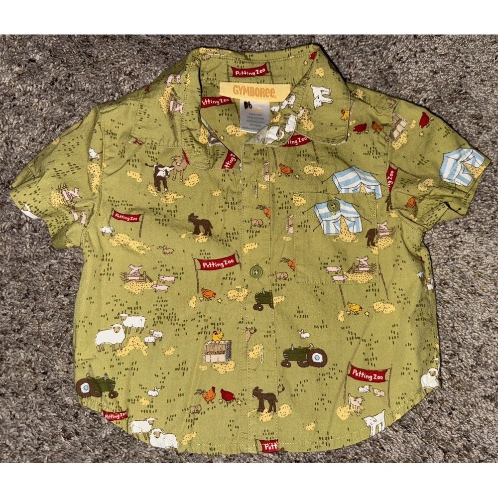 Gymboree Green Petting Zoo Button Up Dress Shirt Boys Size 6-12 Months